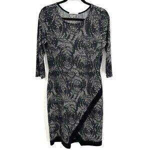 LE LIS Black White Design 3/4 Sleeve Stretch Knee Length Dress Size Medium